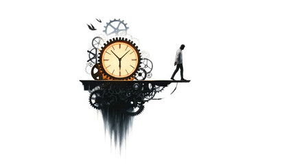 Silhouetted person balancing on a clock hand amidst gears and cogs, conceptually related to time management and deadlines for business and New Year resolutions - obrazy, fototapety, plakaty