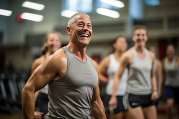 Senior man laughing joyfully during gym class Generative AI image