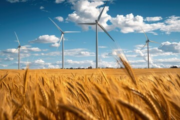 Field with wind turbines, concept of renewable energy, clean energy.