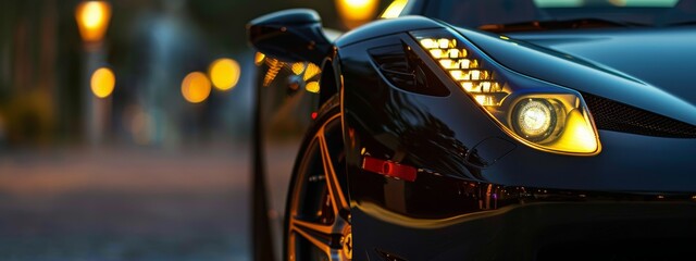 Close up black sport car front headlight with yellow xenon light at evening scene. AI generated