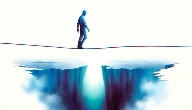 Conceptual image of a person tightrope walking over a precipice, depicting risk, challenge, and determination, ideal for business and motivational themes