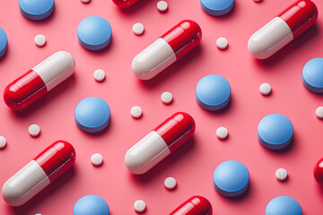 Assorted medications on pink background Generative AI image