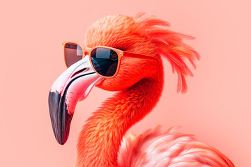 Stylish flamingo with sunglasses on coral background Generative AI image