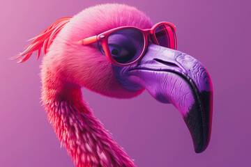 Stylish flamingo with sunglasses on purple background Generative AI image