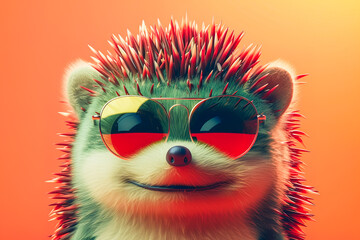 Stylish hedgehog with sunglasses on a vibrant background Generative AI image