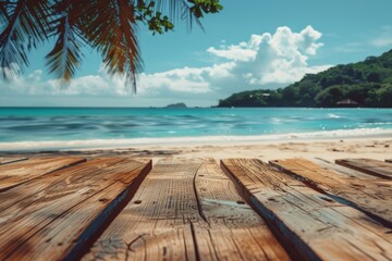 Fototapeta premium Landscape with wooden board, beautiful beach in the background.