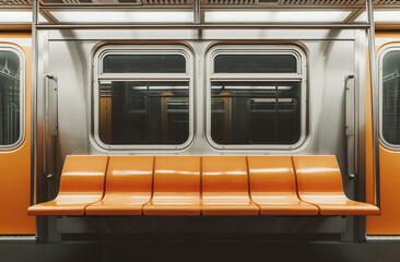 Empty orange seats in a modern subway train interior Generative AI image