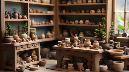  A miniature pottery studio with tiny potters, wheels, and clay, showcasing the art of pottery in a small setting - AI - obrazy, fototapety, plakaty