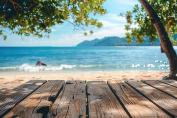 Landscape with wooden board, beautiful beach in the background.
