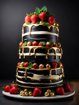 A stunning decadent huge black and gold cake adorned with fresh strawberries and golden glaze, perfect dessert for festive occasions.