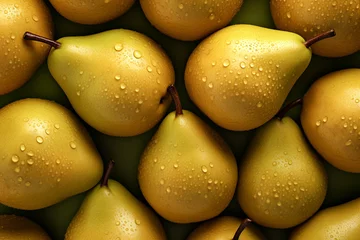 Rolgordijnen Fresh dewy pears pattern on a green background. Generative AI image © ADDICTIVE STOCK CORE