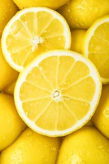 Fotobehang Fresh lemon slices with water drops close-up. Generative AI image © ADDICTIVE STOCK CORE