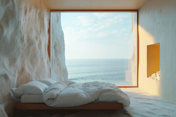 Minimalist bedroom with a breathtaking sea view. Generative AI image
