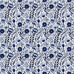 Seamless pattern with floral and botanical illustrations. The design with indigo blue and white linen print color