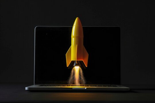 Yellow rocket taking off from a laptop, startup and technology concept, black background.