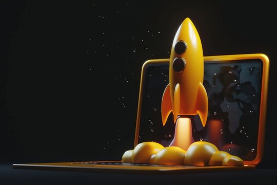 Yellow rocket taking off from a laptop, startup and technology concept, black background.