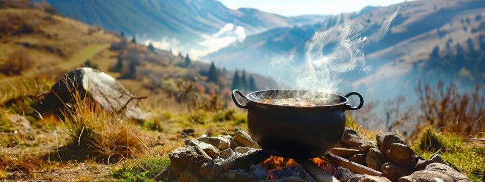Hiking pot Bowler in the bonfire Fish soup boils in cauldron at the stake Traveling tourism picnic cooking cooking at the stake in a cauldron fire and smoke. Copy space image
