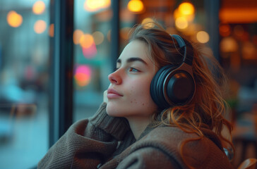 Fototapeta premium Young woman enjoying music with headphones. Generative AI image