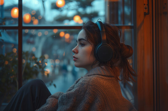 Contemplative woman enjoying music on a rainy day. Generative AI image