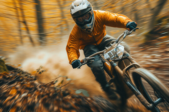 Dynamic mountain biker speeding through autumn forest. Generative AI image