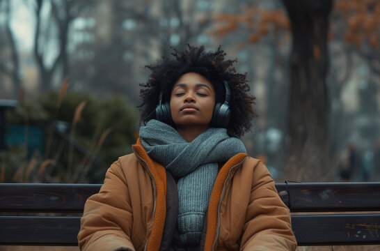 Young woman enjoying music on a park bench in autumn. Generative AI image