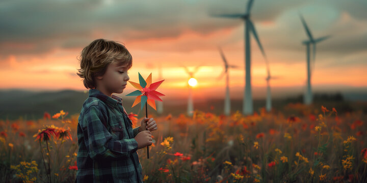 Child with pinwheel in wind turbine field at dusk. Generative AI image