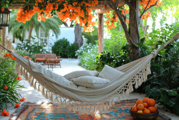 Tranquil garden hammock amidst blooming flowers. Generative AI image - obrazy, fototapety, plakaty