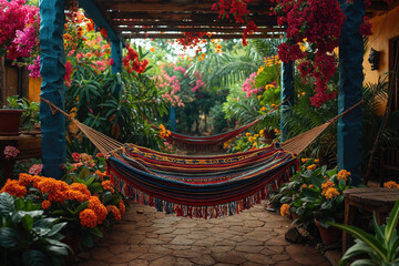 Tranquil garden hammock surrounded by lush flowers. Generative AI image