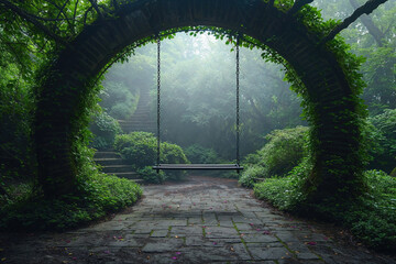 Obraz premium Misty garden gateway with a solitary swing. Generative AI image