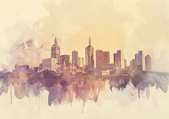 Fototapeta premium Melbourne Australia watercolor skyline illustration. Loose painting expressive abstract style, trees and buildings, water, golden glowing sunlight, natural color