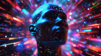 Fototapeta premium AI Generated Image. Hologram of the man face composed of vibrant digital pixels against the glowing digital data streams