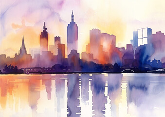 Naklejka premium Melbourne Australia watercolor skyline illustration. Loose painting expressive abstract style, trees and buildings, water, golden glowing sunlight, natural color