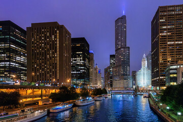 Chicago City skyline at night, Chicago, Illinois, USA. - 786650677