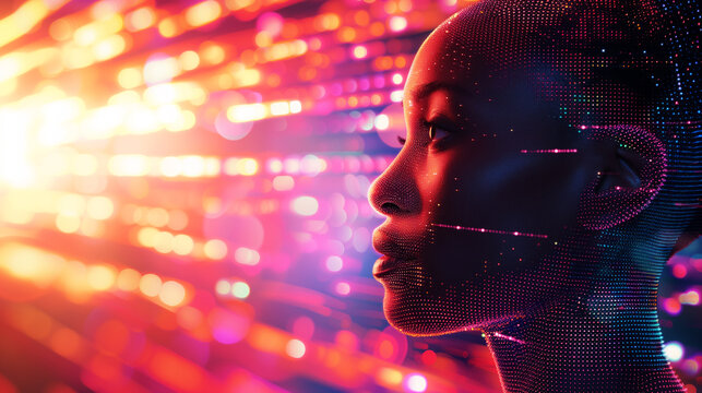 AI Generated Image. Hologram of the black woman face composed of vibrant digital pixels against the glowing digital data streams
