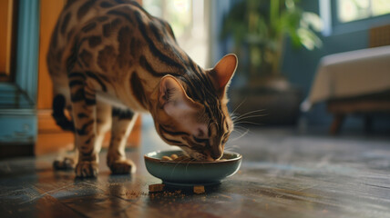 Hungry tabby cat eating dry food from a bowl on the floor. Domestic adorable red cat have lunch.