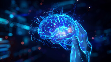 glowing neon light brain. Artificial intelligence neural system, - obrazy, fototapety, plakaty