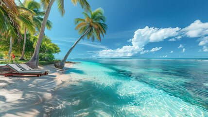 Empty beach with palm trees, tropical paradise. Tropical coast with palm trees.