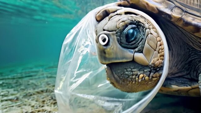 Sea turtle entangled in a plastic bag in the ocean. Marine life affected by plastic pollution. Concept of ecology, environmental impact, ocean conservation, and waste reduction. Motion. Close up