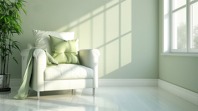 Beautiful cozy interior design of bright living room with white armchair.