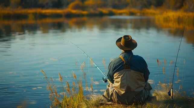 Serene Lakeside Fishing - A Moment of Solitude. Concept Lakeside Tranquility, Recreational Fishing, Solitude Appreciation, Nature Connection