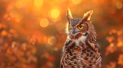 Golden Hour Brilliance with a Horned Owl - A High Definition, Ultra Realistic Portrait of a Horned Owl Bathed in the Golden Light of Sunset.