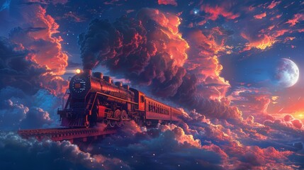 Vintage train journey under a spectacular moonlit sky, dramatic clouds and stars