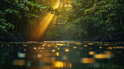 Serene river delta at sunrise with lush mangrove forests and golden rays of light - obrazy, fototapety, plakaty