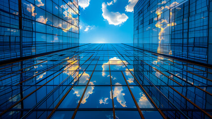Skyscrapers Reflecting Sunny Horizon - obrazy, fototapety, plakaty
