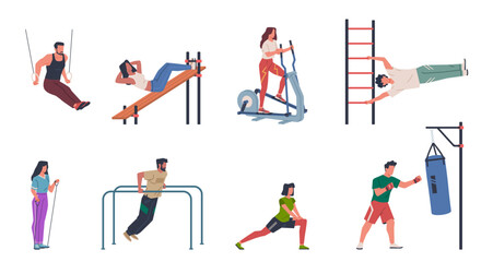 Street workout. People do sports outside, athletes on outdoor horizontal bars, simulators, city park gym, cardio and strength physical activity, healthy life, cartoon flat nowaday vector set