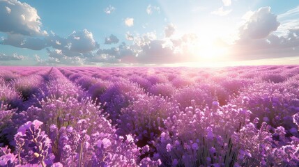 Expansive purple lavender field under a clear blue sky with distant mountains - obrazy, fototapety, plakaty
