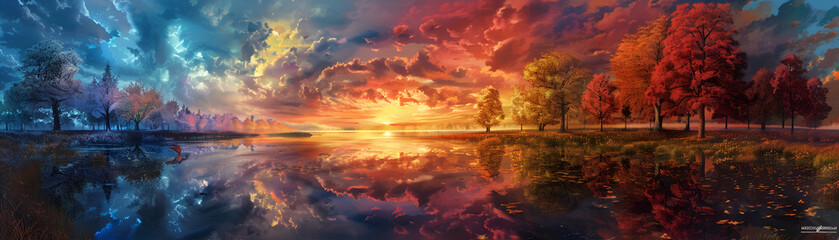 Vibrant Sunset Over Tranquil Lake