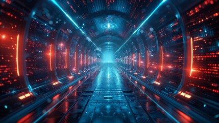 Advanced technology hub: A vibrant, illuminated data center corridor reflecting futuristic connectivity