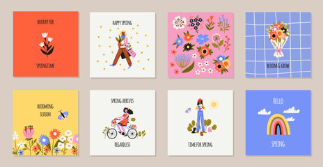 Spring happy people. Positive mood, blooming nature, beautiful women with flowers, warm season cards, cute girl on bike, square posters, social media post, cartoon flat isolated tidy vector set
