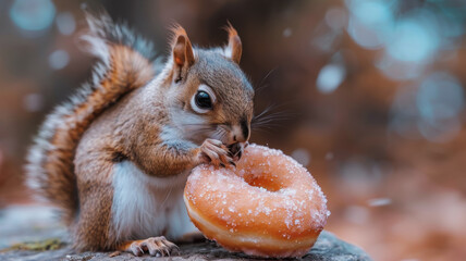 Sugar Bandit.  Sly Squirrel Making Off with a Large Donut